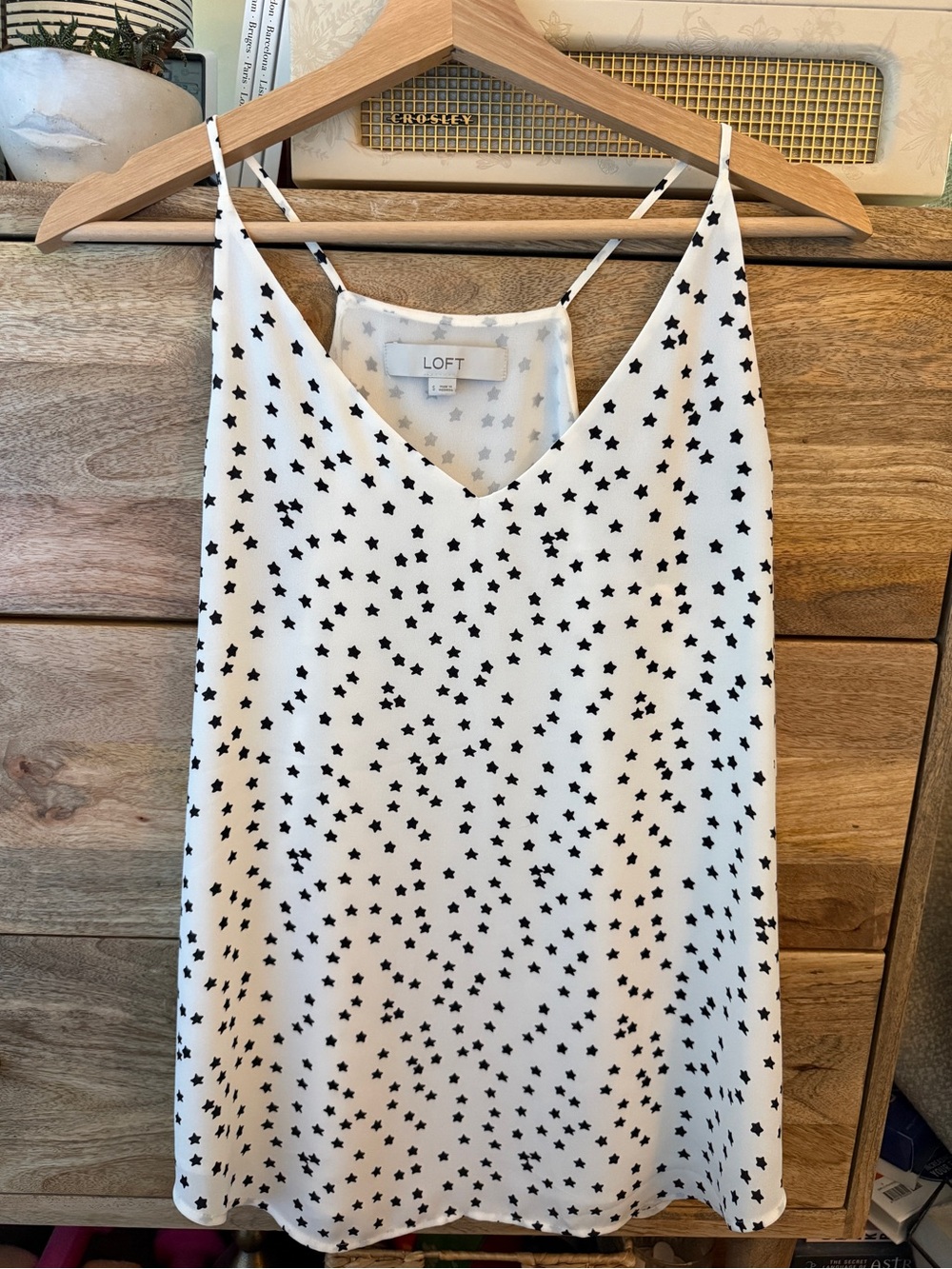 LOFT White Spaghetti Strap Cami with Navy Star Print, Size Small